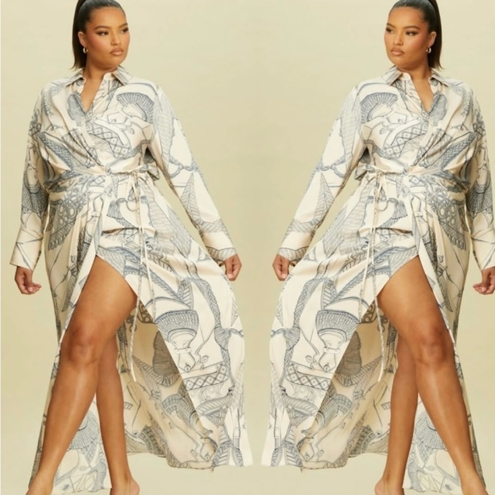 Luxxel Ivory Maxi Dress with Blue Print